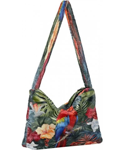 Watercolor Watermelon Plush Underarm Bag, Tote Bag with Zipper Closure, Womens Outdoor Bag Parrots and Tropical Flowers-5 $12...