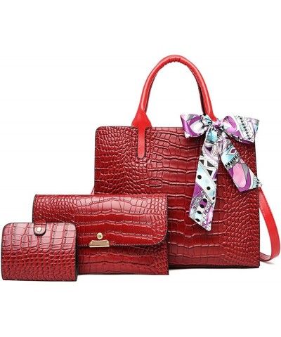 Handbag for Women Tote Messenger Bag PU Alligator Leather Purse Card Hold 3 Pcs Set Red $26.99 Totes