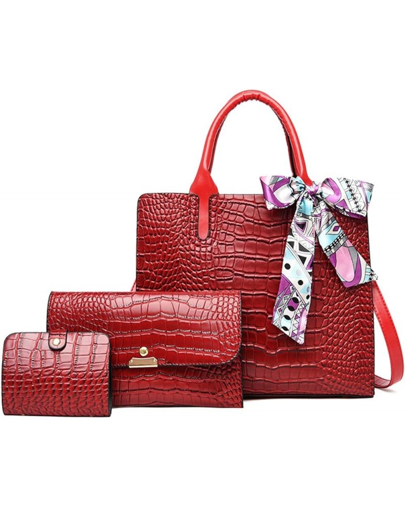 Handbag for Women Tote Messenger Bag PU Alligator Leather Purse Card Hold 3 Pcs Set Red $26.99 Totes