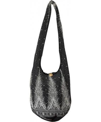 Sling Bag Cotton - Large Boho Hippie Hobo Handbag - 40 Prints - unisex Crossbody Bag Silver Feather $11.33 Crossbody Bags