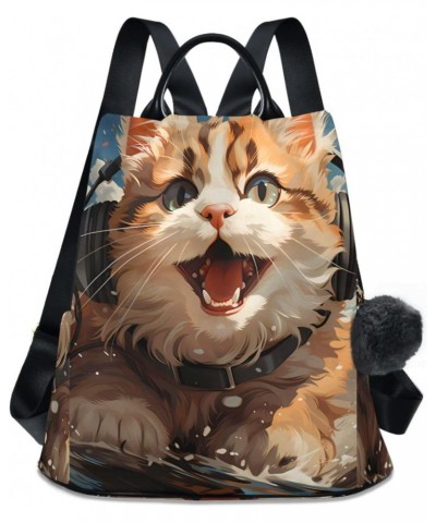 Surfing Cat Travel Backpack Purse for Women Multipurpose Design Ladies Fashion Bag with Pompom $17.60 Backpacks