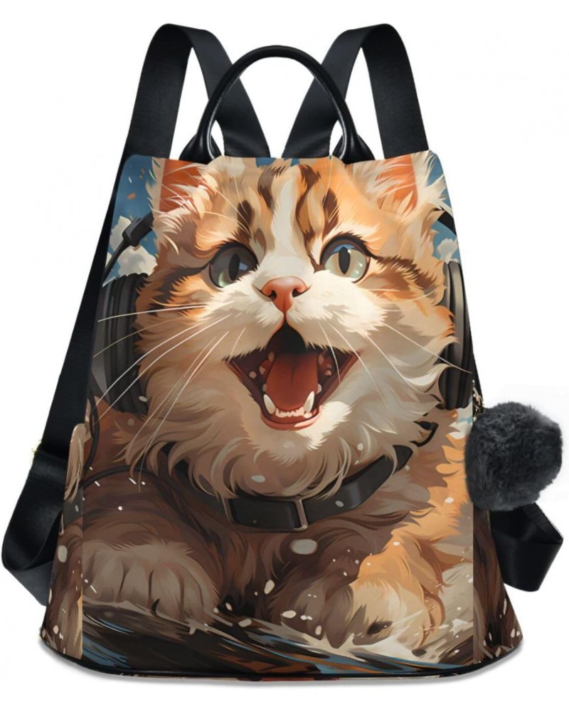 Surfing Cat Travel Backpack Purse for Women Multipurpose Design Ladies Fashion Bag with Pompom $17.60 Backpacks