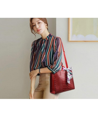 Handbag for Women Tote Messenger Bag PU Alligator Leather Purse Card Hold 3 Pcs Set Red $26.99 Totes