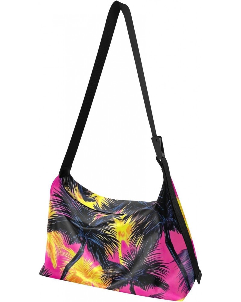 Colorful Palm Tree Summer Hobo Shoulder Bag for Women Men PU Leather Crossbody Bag Slouchy Tote Handbags for Traveling Workin...