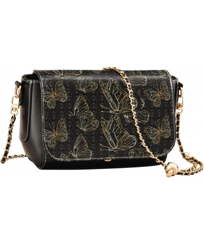 Gold Butterflies on Black Background Women's Crossbody Handbags - Stylish and Soft PU Leather Shoulder Bag $19.60 Crossbody Bags