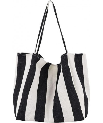 Striped Canvas Tote Handbag for Women Vertical Stripe Large Capacity Shoulder Bag for Shopping Travel Wide Black $13.05 Totes