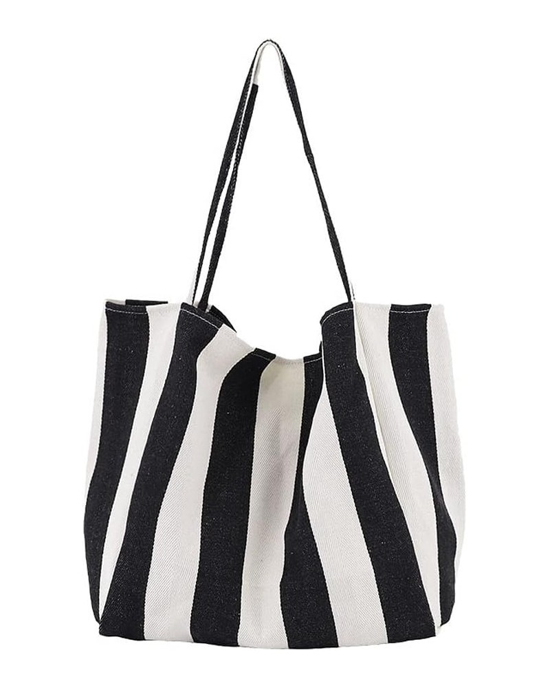 Striped Canvas Tote Handbag for Women Vertical Stripe Large Capacity Shoulder Bag for Shopping Travel Wide Black $13.05 Totes