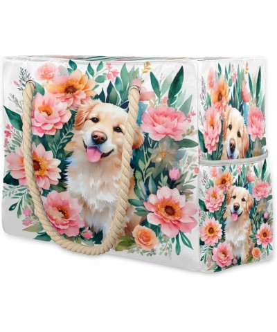 Cute Dog Flowers Beach Bags for Women Large Tote Bag with Zipper and Pockets Waterproof Sandproof Accessories Swim Pool Bag V...