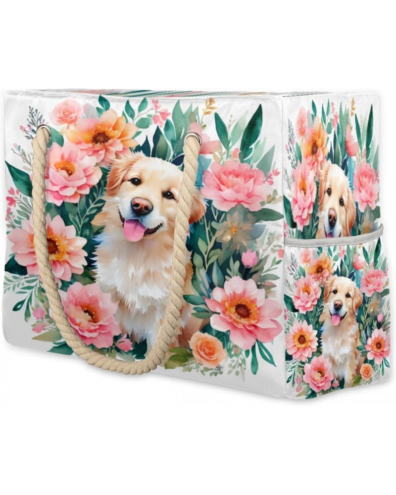 Cute Dog Flowers Beach Bags for Women Large Tote Bag with Zipper and Pockets Waterproof Sandproof Accessories Swim Pool Bag V...