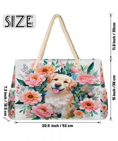 Cute Dog Flowers Beach Bags for Women Large Tote Bag with Zipper and Pockets Waterproof Sandproof Accessories Swim Pool Bag V...