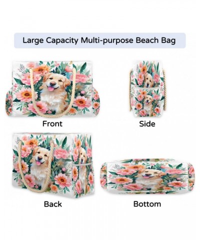 Cute Dog Flowers Beach Bags for Women Large Tote Bag with Zipper and Pockets Waterproof Sandproof Accessories Swim Pool Bag V...