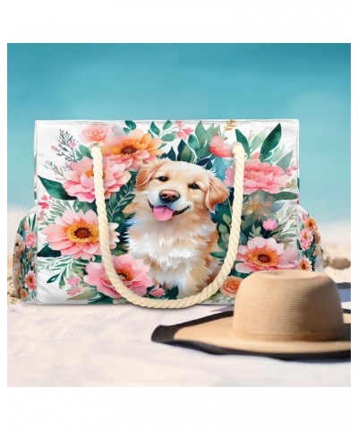 Cute Dog Flowers Beach Bags for Women Large Tote Bag with Zipper and Pockets Waterproof Sandproof Accessories Swim Pool Bag V...