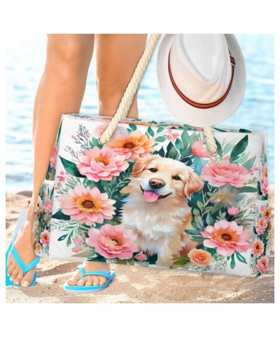 Cute Dog Flowers Beach Bags for Women Large Tote Bag with Zipper and Pockets Waterproof Sandproof Accessories Swim Pool Bag V...