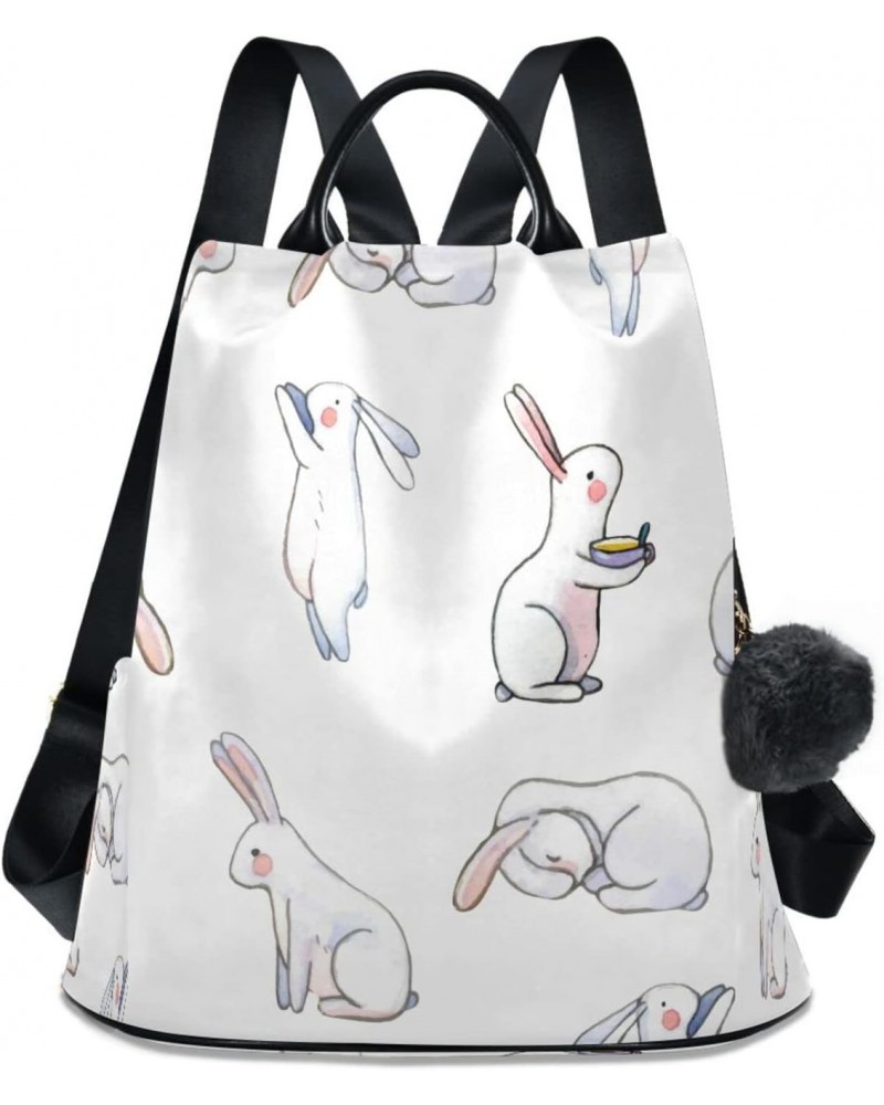 Watercolor Rabbit Bunny White Large Women's Fashion Casual Backpack Purse Shoulder Travel Bag $23.59 Backpacks