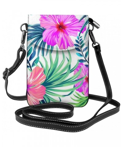 Hibiscus Flower Palm Leaf Cell Phone Purse Leather Shoulder Bag Mini Phone Pouch Crossbody Bag For Women $19.49 Crossbody Bags