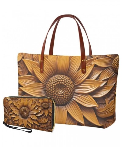 Womens Handbag with Matching Wallet, Large Top Handle Purse Shoulder Tote Bag with PU Clutch Wallet Purse Vintage Sunflower-b...