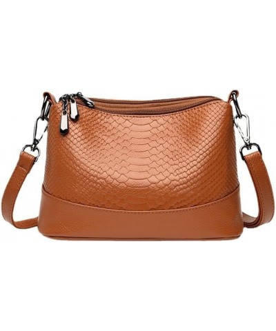 Women's crocodile pattern single shoulder crossbody bag Multi layer soft leather bag Brown $25.55 Shoulder Bags