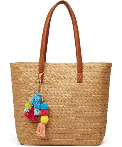 Straw Beach Bags Tote Tassels Bag Hobo Summer Handwoven Shoulder Bags Purse With Pom Poms B-light Brown $16.43 Totes