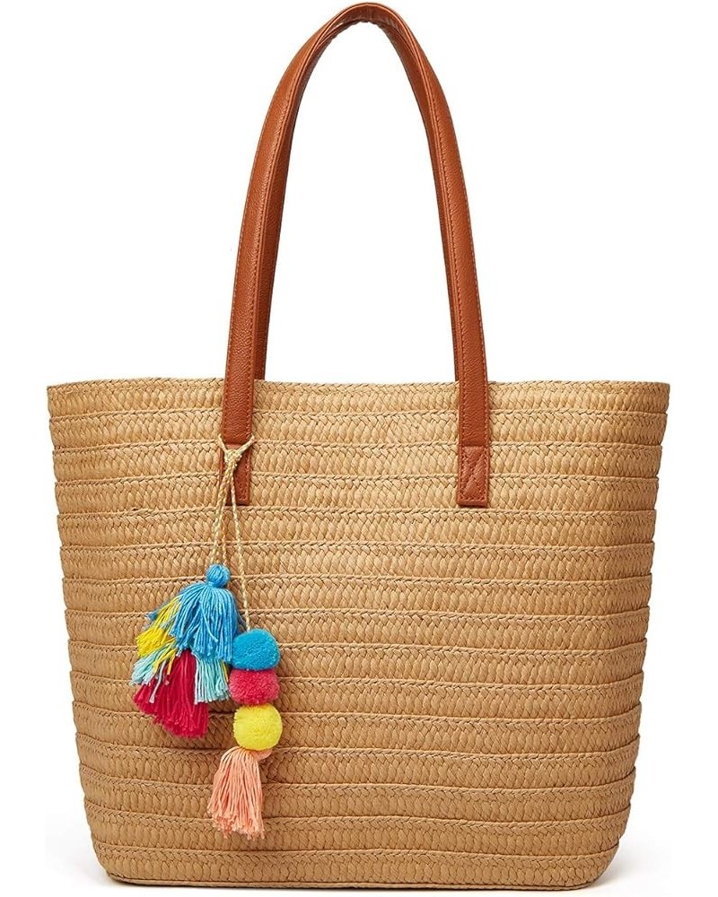 Straw Beach Bags Tote Tassels Bag Hobo Summer Handwoven Shoulder Bags Purse With Pom Poms B-light Brown $16.43 Totes