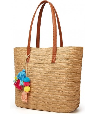 Straw Beach Bags Tote Tassels Bag Hobo Summer Handwoven Shoulder Bags Purse With Pom Poms B-light Brown $16.43 Totes