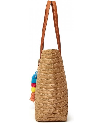 Straw Beach Bags Tote Tassels Bag Hobo Summer Handwoven Shoulder Bags Purse With Pom Poms B-light Brown $16.43 Totes