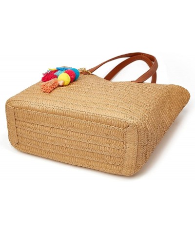 Straw Beach Bags Tote Tassels Bag Hobo Summer Handwoven Shoulder Bags Purse With Pom Poms B-light Brown $16.43 Totes