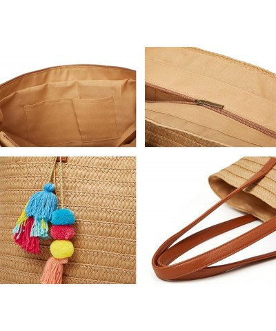 Straw Beach Bags Tote Tassels Bag Hobo Summer Handwoven Shoulder Bags Purse With Pom Poms B-light Brown $16.43 Totes