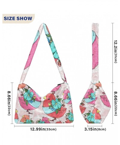 Cute Birds Flowers Furry Tote Bag for Women Crossbody Bag Shouder Tote Handbag Casual Tote with Zipper for School $10.08 Totes