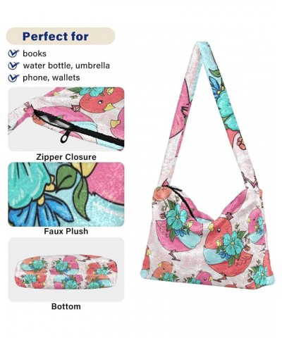 Cute Birds Flowers Furry Tote Bag for Women Crossbody Bag Shouder Tote Handbag Casual Tote with Zipper for School $10.08 Totes