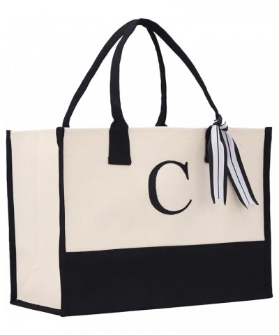 Personalized Gift Monogram Initial 100% Cotton Two Tone Chic Tote Bag with Customize Option - Black C $12.73 Totes