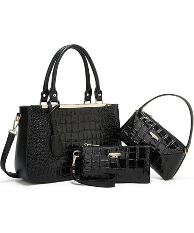 3-PC Women Crocodile Pattern Purse Artificial Leather Fashion Handbag+Shoulder Bag+Wristlets Wallet Black $44.82 Totes