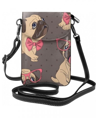 Cartoon Pug Puppy in Glasses and Bow-tie Small Flip Crossbody Bag Cell Phone Pouch for Women Wallet Bag Coin Purse $18.35 Cro...