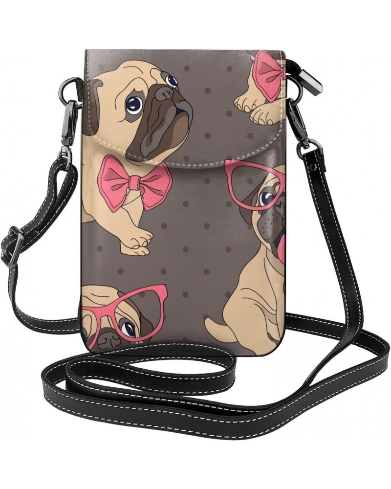 Cartoon Pug Puppy in Glasses and Bow-tie Small Flip Crossbody Bag Cell Phone Pouch for Women Wallet Bag Coin Purse $18.35 Cro...