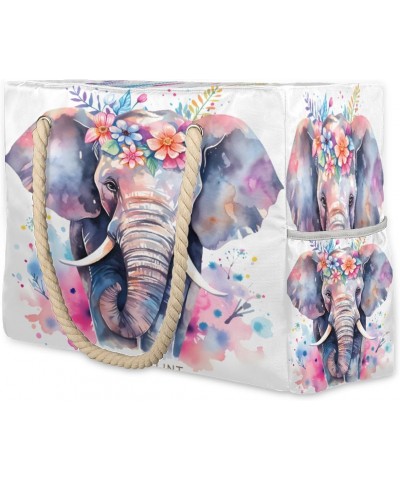 Elephant Flowers Beach Bags for Women Large Tote Bag with Zipper and Pockets Waterproof Sandproof Accessories Swim Pool Bag V...