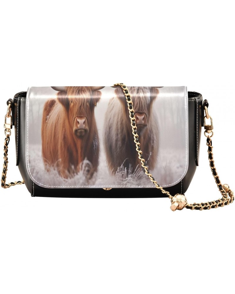 Highland Cows Crossbody Bags for Women Retro Cross Body Purse Small PU Leather Shoulder Handbags with Chain Strap $15.75 Cros...