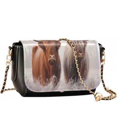 Highland Cows Crossbody Bags for Women Retro Cross Body Purse Small PU Leather Shoulder Handbags with Chain Strap $15.75 Cros...