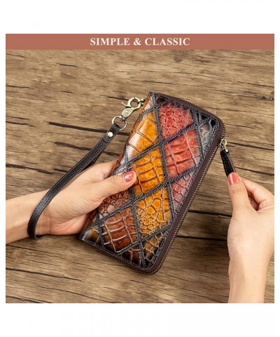 Crocodile Print Clutch Bag for Women, Genuine Leather RFID Blocking Long Wallet Card Holder Wrist Purses Coin Pocket (B/Multi...