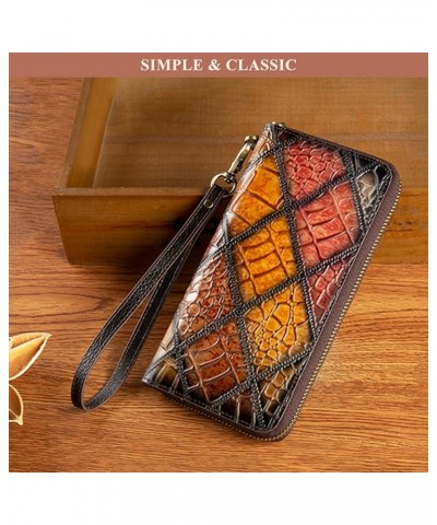 Crocodile Print Clutch Bag for Women, Genuine Leather RFID Blocking Long Wallet Card Holder Wrist Purses Coin Pocket (B/Multi...