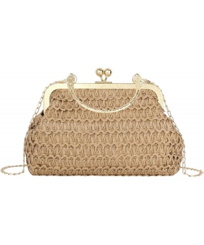 Women Mini Straw Woven Clutch Handbag Metal Top-handle Bag Cross-body Bag with Chain Strap Khaki $15.36 Clutches