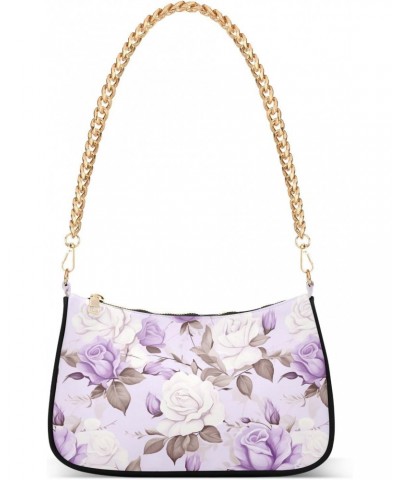 Flower Purple Rose Pattern Clutch Shoulder Bag for Women, Hobo Tote Handbag with Gold Chain, Crossbody Bag with Zipper Closur...