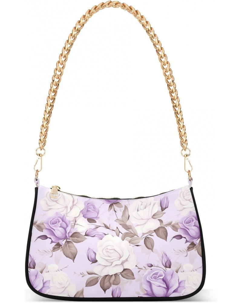 Flower Purple Rose Pattern Clutch Shoulder Bag for Women, Hobo Tote Handbag with Gold Chain, Crossbody Bag with Zipper Closur...