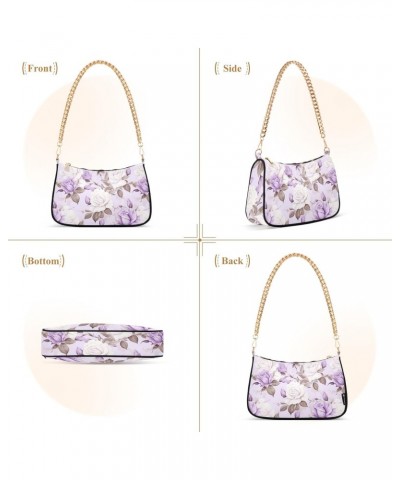 Flower Purple Rose Pattern Clutch Shoulder Bag for Women, Hobo Tote Handbag with Gold Chain, Crossbody Bag with Zipper Closur...