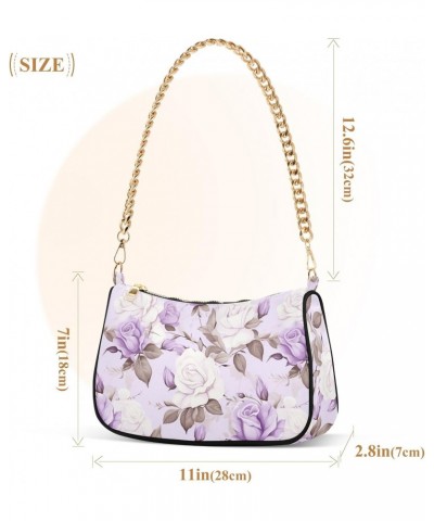 Flower Purple Rose Pattern Clutch Shoulder Bag for Women, Hobo Tote Handbag with Gold Chain, Crossbody Bag with Zipper Closur...