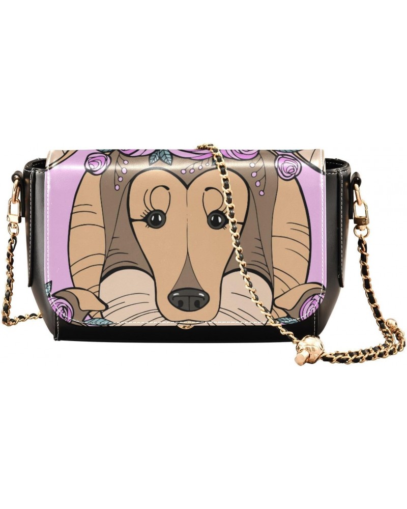 Dog Flower PU Leather Crossbody Handbag for Women Shoulder Purse with Adjustable Metal Chain Waterproof Shoulder Bag for Beac...