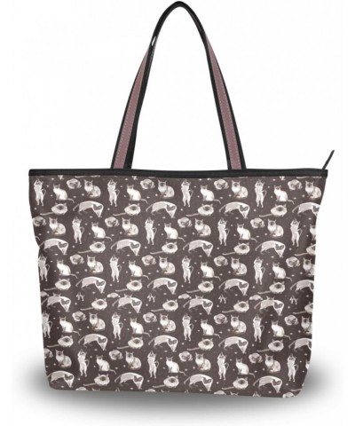 Womens Tote Bag, Cute Siamese Cat Brown Ladies Zip Shoulder Handbags $11.52 Shoulder Bags