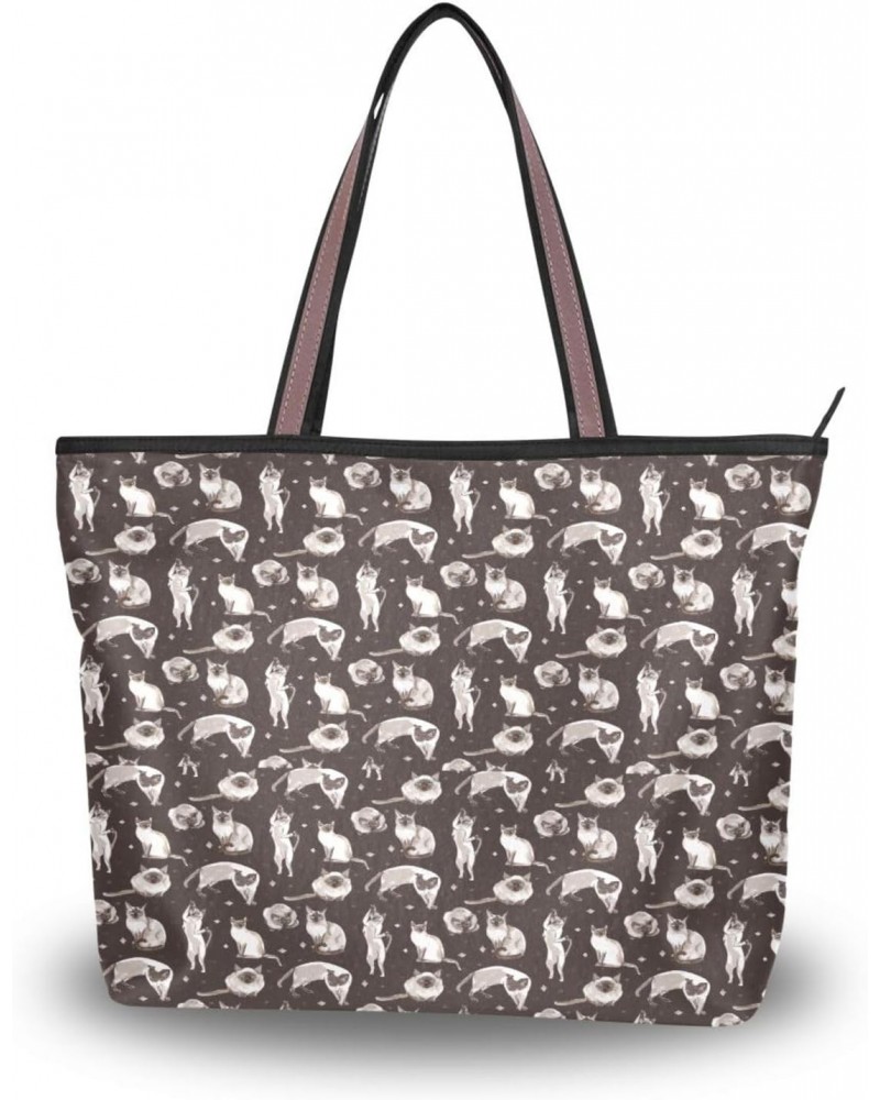 Womens Tote Bag, Cute Siamese Cat Brown Ladies Zip Shoulder Handbags $11.52 Shoulder Bags