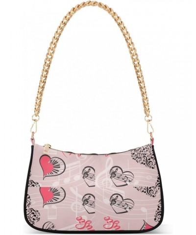 Music Notes with Hearts Melody Love Pattern Shoulder Handbags for Women Travel Hobo Tote Handbag Women Gold Chain Shoulder Ba...