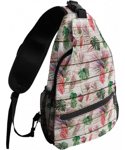 Sling Bag Crossbody Sling Backpack Summer Turtle Leaf Tropical Plank Waterproof Chest Bag Daypack Shoulder Bag for Hiking Wal...