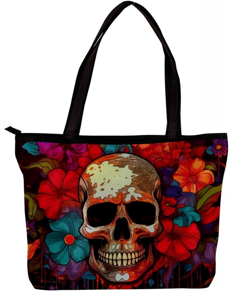 Handbags for Women, Zipper Tote Bag, Shoulder Bag, art pattern skull and flower $11.43 Totes