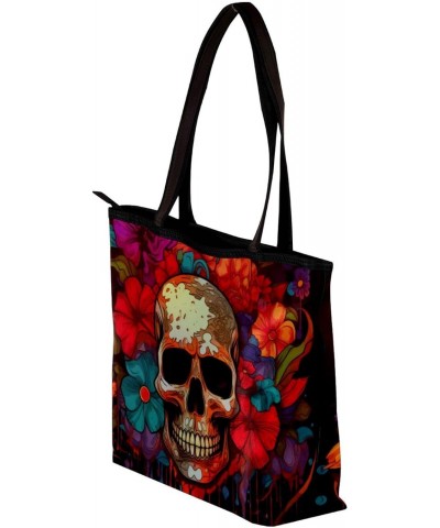 Handbags for Women, Zipper Tote Bag, Shoulder Bag, art pattern skull and flower $11.43 Totes